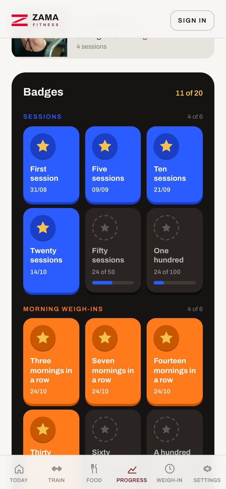 Badges screen of the member portal